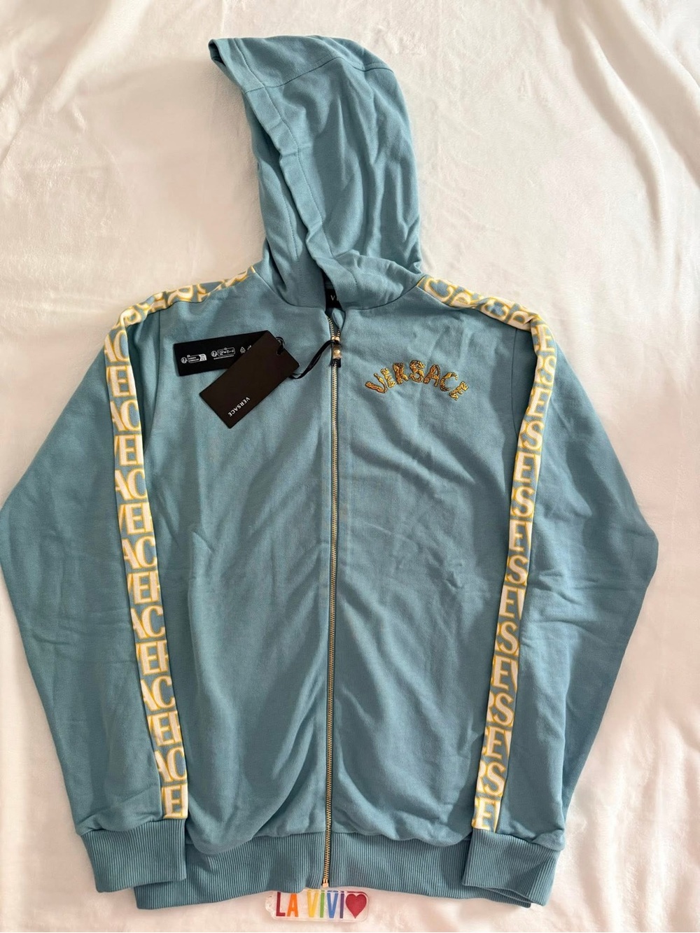Versace Light Blue Hoodie with Gold Accent Tape